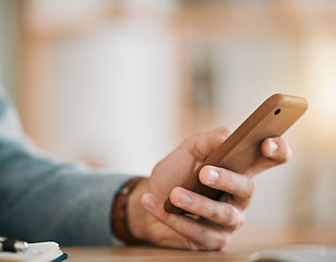 Image showing Business man, hands and phone at desk with web networking and online communication. App search, mobile message and social media browse in a office and workplace with contact and typing at company