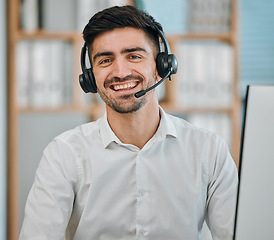 Image showing Consultant, happy man and portrait of agent in call center for customer service, lead generation or CRM support. Face of salesman with microphone for telemarketing, telecom advisory or FAQ questions