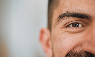 Image showing Happy, eyes and half portrait of man in office for career goals, vision and professional company. Startup, business and face closeup of male worker with smile for advertising, mockup and copy space