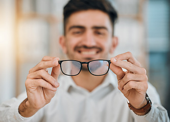 Image showing Hands, man and optometrist with glasses for vision, eyesight and prescription eye care. Closeup of doctor, optician and frame of lens for eyewear, test or consulting for optical healthcare assessment