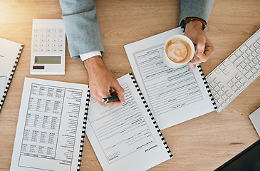 Image showing Top view, business hands and writing contract, closeup or financial planning with paperwork, budget spreadsheet or pension fund. Person, accountant or broker with finance documents or insurance