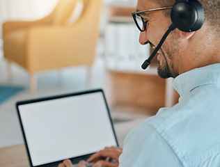 Image showing Call center, man and mockup on laptop, screen and customer service consulting, communication or support from the back. Salesman, agent or computer space for telemarketing, web advisory or CRM contact