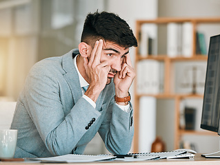 Image showing Business man, headache and stress at office computer from auditor burnout at desk. Anxiety, 404 problem and tired corporate worker with tech and tax deadline and fatigue from brain fog at company