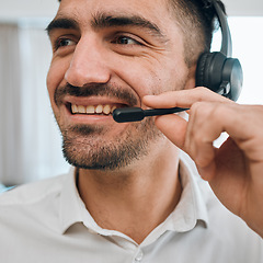 Image showing Telemarketing, man or face of happy consultant for customer service, business support and CRM advisor. Salesman, agent and smile with microphone at call center, telecom communication or FAQ questions