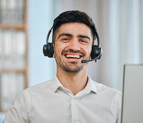 Image showing Telemarketing, man and portrait of consultant smile for customer support, contact agent and CRM communication. Face of happy salesman with microphone in call center, telecom advisory or FAQ questions