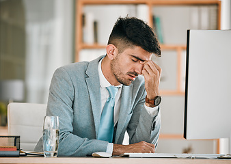 Image showing Business man, headache and office computer with stress from auditor burnout at desk. Anxiety, eye pain and tired corporate worker with tech and tax deadline and fatigue from brain fog at company