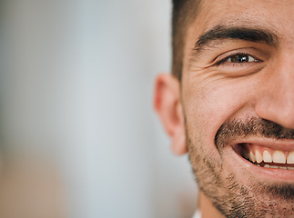 Image showing Happy, face and half portrait of man in office for career goals, success and professional company. Startup, smile and closeup of male worker with happiness for advertising, mockup and copy space