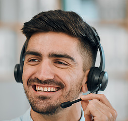 Image showing Telemarketing, consulting and face of man in call center for customer service, lead generation or CRM offer. Happy salesman, consultant or contact on microphone for telecom, advisory or FAQ questions