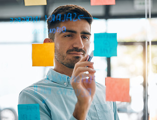 Image showing Business man brainstorming on glass, planning schedule and timeline of sticky note ideas. Face, focus and male worker at window for mindmap, project objectives or calendar of agenda, goals or process