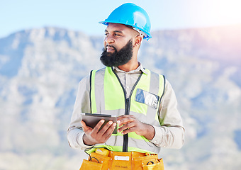 Image showing Black man, architect and thinking with tablet in city for construction planning, vision or rooftop installation. African male person, engineer or contractor with technology in wonder for architecture