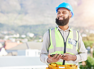 Image showing Happy black man, architect and tablet in city for construction, vision or rooftop installation. African male person, engineer or contractor smile on technology in architecture or project plan on site