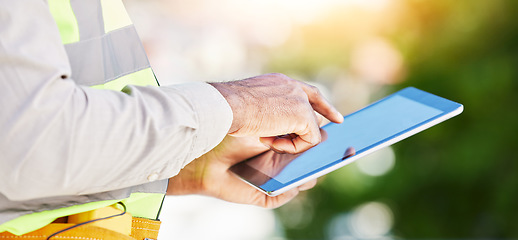 Image showing Man, architect and hands on tablet in city for communication, planning or networking on site. Closeup of male person, engineer or contractor working on technology for project plan in construction