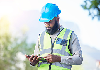 Image showing Construction worker, tablet and building inspection check with industrial employee with tech. African male person, professional and builder research with website and app for engineer project outdoor