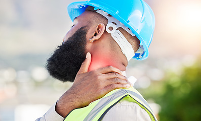 Image showing Black man, architect and hands with neck pain in city from injury, accident or muscle tension on rooftop. Closeup of male person with sore bone, ache or joint inflammation during construction on site