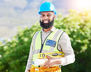 Image showing Construction worker, man portrait and architect inspection with industrial employee with tools. African male person, professional and builder with success and safety job for engineer project outdoor