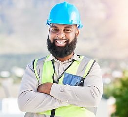 Image showing Happy black man, portrait and architect with arms crossed in city for construction management on site. Face of African male person, engineer or contractor smile for industrial architecture on rooftop