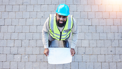 Image showing Black man, portrait and architect with blueprint above for construction, planning or project ideas on site. Top view of male person, engineer or contractor with floor plan documents for architecture