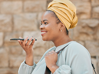 Image showing Phone, voice recognition and woman in the city walking in an urban street to her office. Technology, happy and African female designer recording a message on cellphone while commuting in town road.