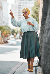 Image showing Travel smile, city and black woman stop, point or hail taxi, cab or metro bus for transport ride, morning journey or lift. Outdoor, street sidewalk and waiting African person gesture at car vehicle