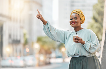 Image showing Travel, city and happy black woman try to stop taxi, cab or metro bus for transport, morning journey or ride. Smile, road transportation service and African person gesture at car for urban commute