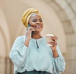 Image showing Phone call, city and business black woman with coffee for contact, network and connection in town. Travel, corporate worker and female person on smartphone for talking, conversation and communication