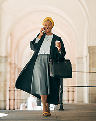 Image showing Black woman with coffee, phone call and lawyer outside court with smile, consulting on legal advice and walk to work. Cellphone, law firm attorney or happy judge networking, talking and chat in city.