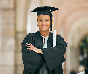 Image showing College, achievement and portrait of woman at graduation with degree, diploma or certificate scroll. Success, education and young African female university graduate with crossed arms for confidence.