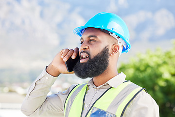 Image showing Black man, architect and phone call for construction discussion, ideas or communication in the city. African male person, engineer or contractor talking on mobile smartphone for conversation on site