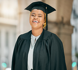 Image showing University graduate, portrait and happy black woman with school success, college education achievement or happiness. Campus study, goals accomplishment and African student smile for learning degree