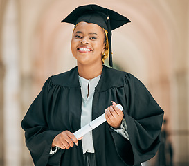 Image showing Smile, college and portrait of woman at graduation with degree, diploma or certificate scroll. Success, happy and young African female university graduate with crossed arms for confidence on campus.