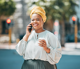 Image showing Phone call, city and business African woman for contact, networking and connection in urban town. Travel, corporate worker and female person on smartphone for talking, conversation and communication