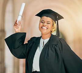 Image showing College student, graduation certificate or black woman excited, smile or celebrate school, university education or diploma. Milestone, congratulations or African portrait person with learning success