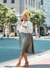 Image showing Phone call, talking and business black woman in city for contact, network and connection in town. Travel, corporate and female person on smartphone for discussion, conversation and communication