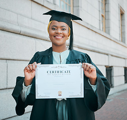 Image showing University graduation, certificate and portrait of black woman with school success, college education or award. City, diploma and African student smile for learning milestone, goals or achievement