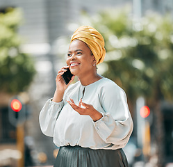 Image showing Phone call, African and business woman in city for contact, network and connection in urban town. Travel, corporate worker and female person on smartphone for talking, conversation and communication