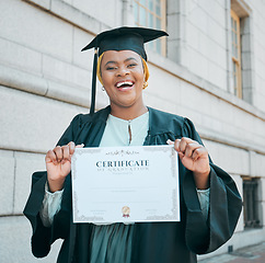 Image showing University student, graduation certificate or portrait of black woman excited for school success, college education or degree. Pride, diploma or African student smile for learning achievement in city