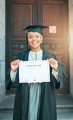 Image showing College student portrait, graduate certificate and black woman happiness for education milestone, career growth or degree. City, university diploma and African person happy for learning achievement