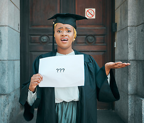 Image showing College student portrait, question mark and black woman confused over education choice, future decision or graduation. Poster, doubt and learning African person unsure about university career path