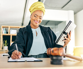 Image showing Lawyer, hammer and woman on tablet writing legal notes, checklist and compliance documents, justice or contract. Attorney, notary and person on digital tech, constitution and rules or judge research