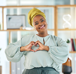 Image showing Black woman, business and heart hands, smile in portrait and professional mindset with emoji and love career. Female lawyer, hand gesture and care, vote and health, feedback and support in workplace