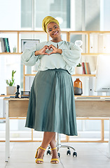 Image showing Black woman, corporate and heart hands, happy in portrait and professional mindset with emoji and love career. Female person, hand gesture and care, vote and health, feedback and support in workplace