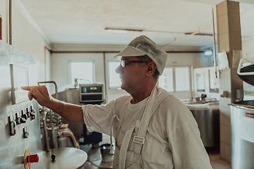 Image showing Cheese maker working in the modern industry on machines that are using for the machining of fresh cheese