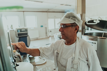 Image showing Cheese maker working in the modern industry on machines that are using for the machining of fresh cheese