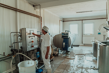 Image showing Cheese maker working in the modern industry on machines that are using for the machining of fresh cheese