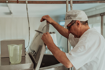 Image showing Man mixing milk in the stainless tank during the fermentation process at the cheese manufacturing