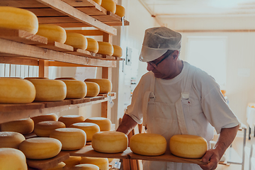 Image showing A worker at a cheese factory sorting freshly processed cheese on drying shelves