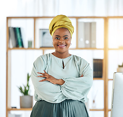 Image showing Black woman, business and arms crossed, smile in portrait and professional mindset with attorney at law firm. Female lawyer, career and legal employee with pride, expert and confidence in workplace