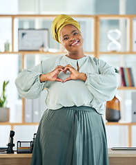 Image showing Black woman, corporate and heart hands, smile in portrait and professional mindset with emoji and love career. Female lawyer, hand gesture and care, vote and health, feedback and support in workplace