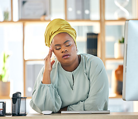 Image showing Black woman, burnout and headache with work fatigue and stress, health problem and crisis with overworked employee. African female person, migraine and brain fog, tired with fail and overwhelmed