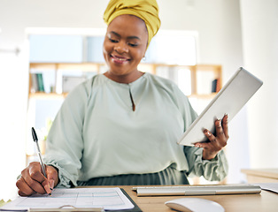 Image showing Tablet, checklist and business woman for writing information, administration or online management in office. Professional, african person with documents, paperwork or digital tech of project schedule